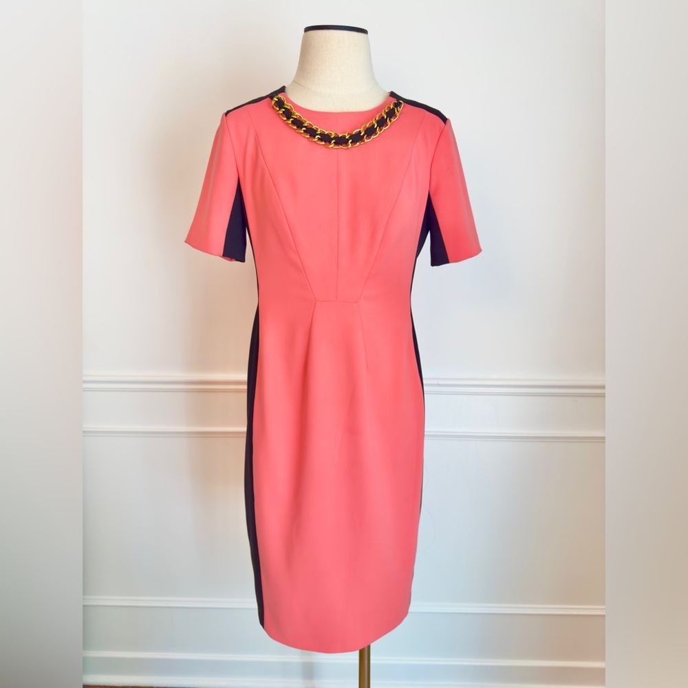 Anne Klein coral and black sheath dress with gold chain detail, size 4